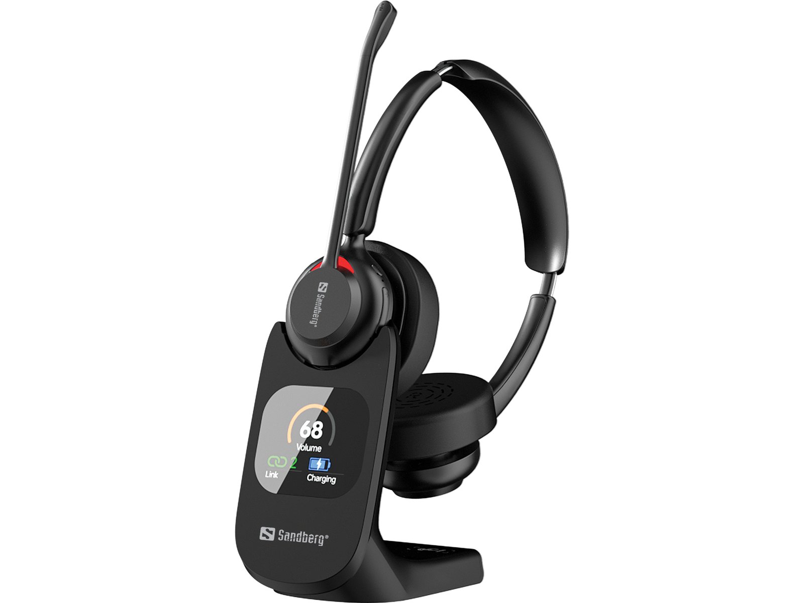 Sandberg Wireless Headset Pro LCD Dock es una solución completa de comunicación inalámbrica que combina unos auriculares ligeros y cómodos con una base inteligente con pantalla táctil. La reducción de ruido impulsada por IA disminuye el ruido de fondo hasta 34 dB(A)
