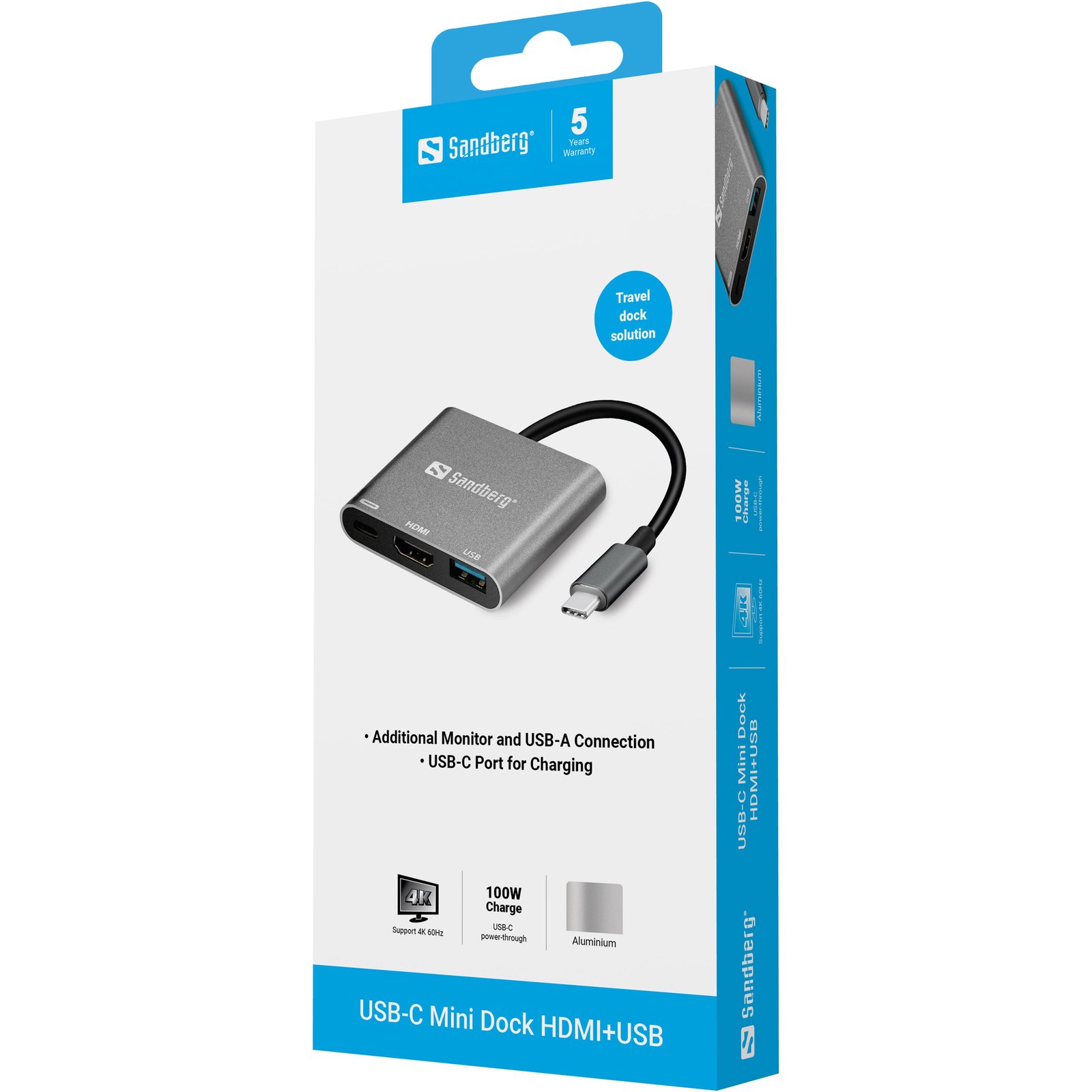 una televisión o un proyector al ordenador. También incluye un puerto USB 3.0 A estándar para conectar dispositivos USB. El conector USB-C incorpora una extensión para conectar una fuente de alimentación