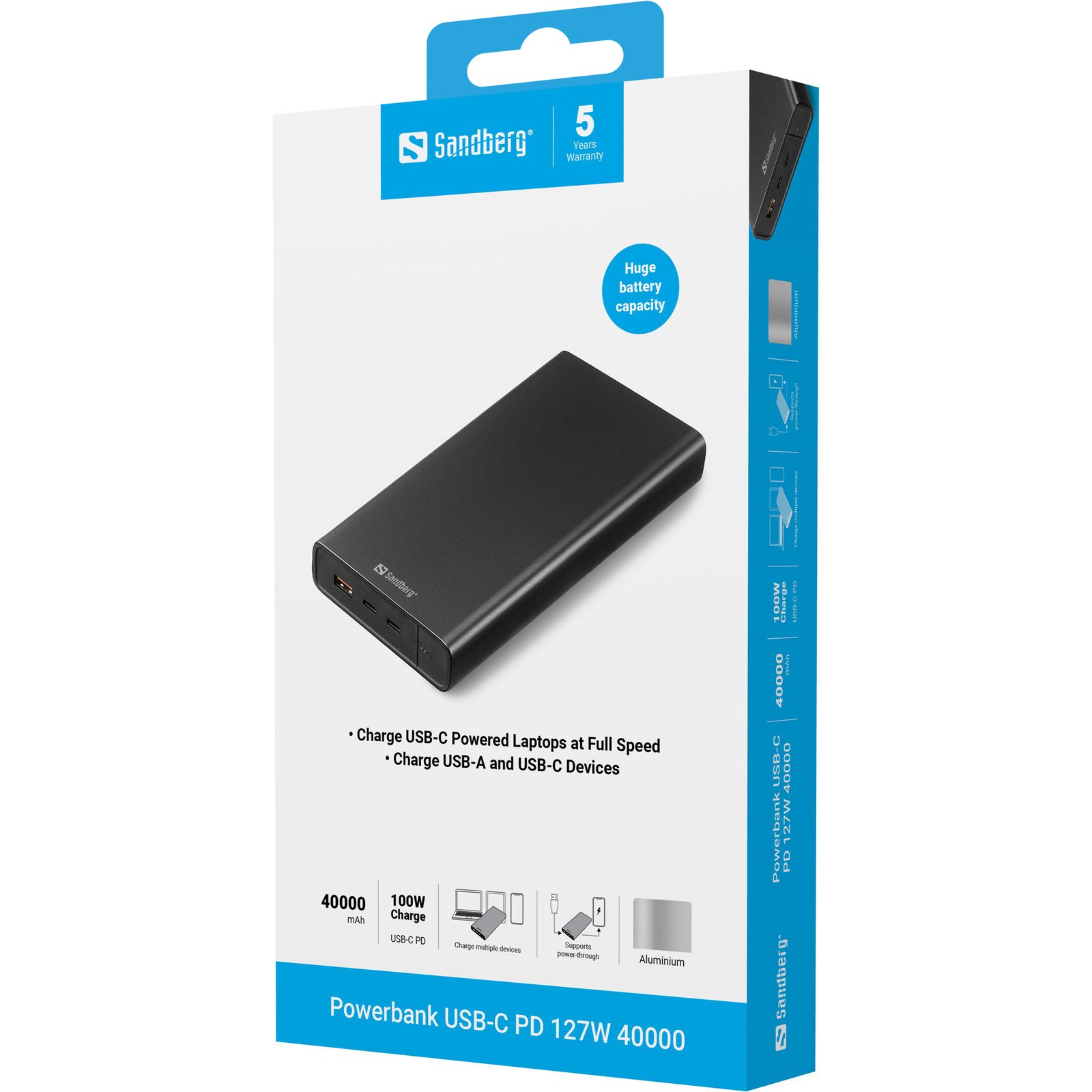 excelente rendimiento y gran capacidad. Compatible con USB-A y USB-C PD 127W. Este último permite cargar casi cualquier tipo de dispositivo USB-C a máxima velocidad