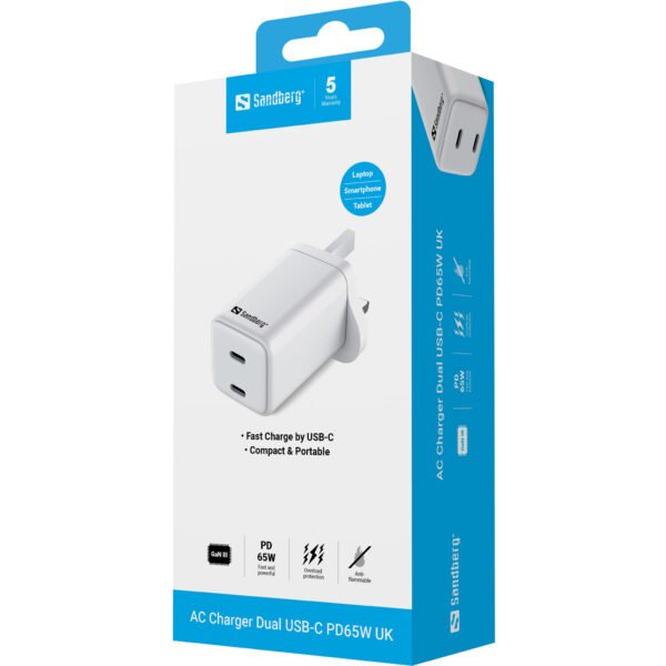 Sandberg AC Charger Dual USB-C PD65W UK - Imagen 2