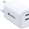 Sandberg AC Charger Dual USB-C PD45W EU es un cargador compacto con 2 puertos USB-C. Ofrece hasta 45 W de potencia mediante USB-C PD para cargar rápidamente teléfonos