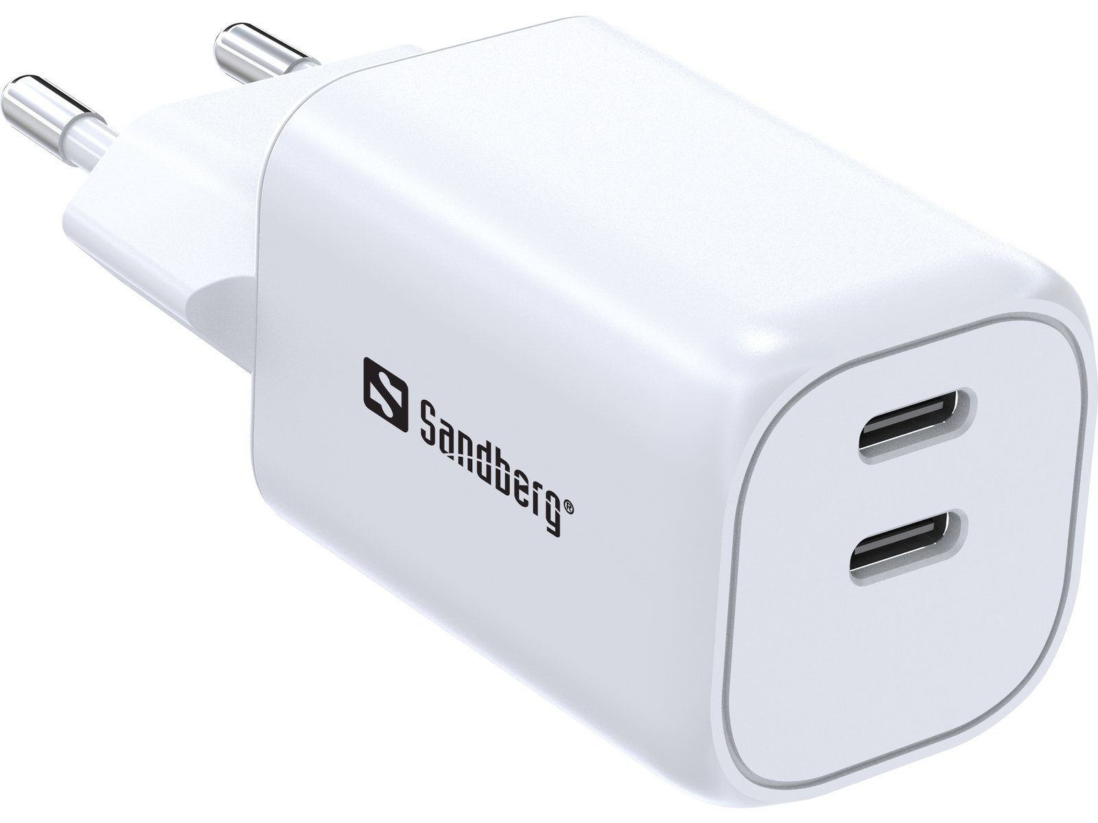 Sandberg AC Charger Dual USB-C PD45W EU es un cargador compacto con 2 puertos USB-C. Ofrece hasta 45 W de potencia mediante USB-C PD para cargar rápidamente teléfonos