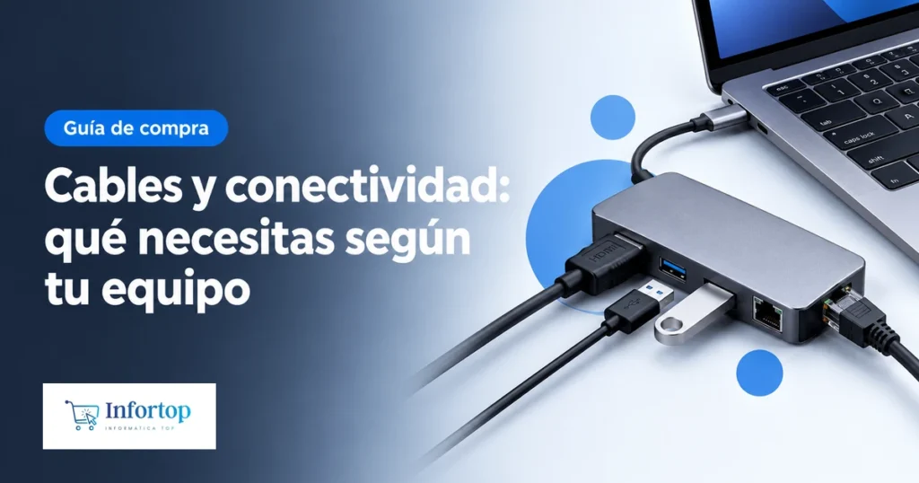 Hub USB-C conectado a un portátil con cables HDMI, USB y Ethernet, portada de la guía de cables y conectividad