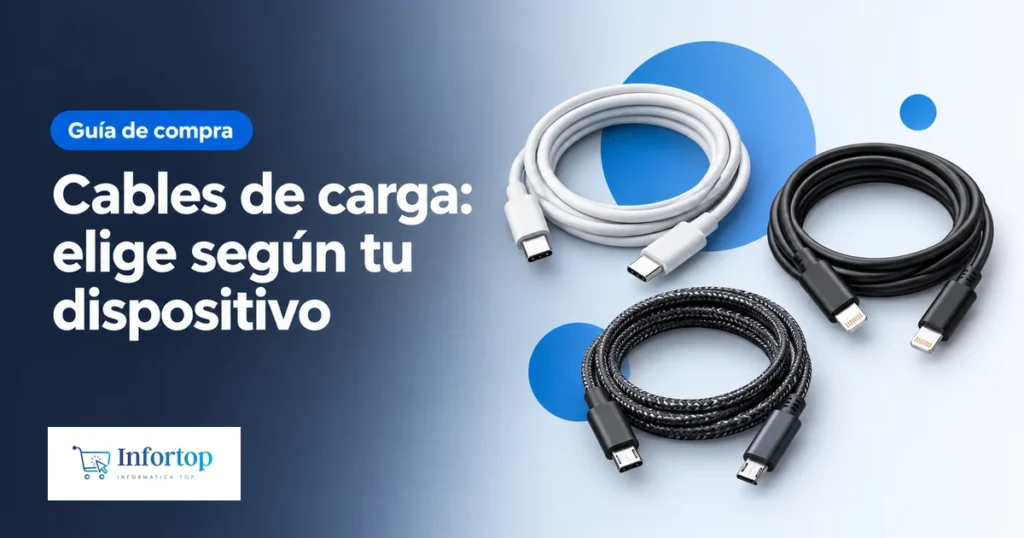 Tres cables de carga con conectores USB-C, Lightning y micro USB, portada de la guía de cables de carga