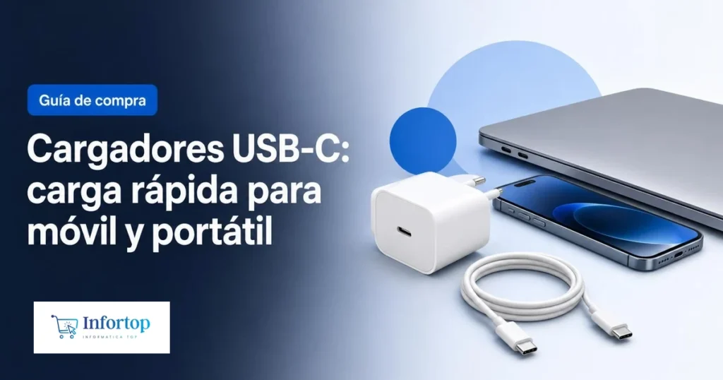 Cargador de pared USB-C compacto con cable, un móvil y un portátil, portada de la guía de cargadores de corriente USB-C
