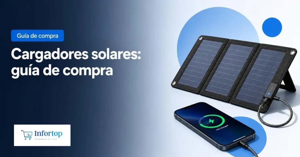 Panel solar plegable cargando un móvil, portada de la guía de cargadores solares