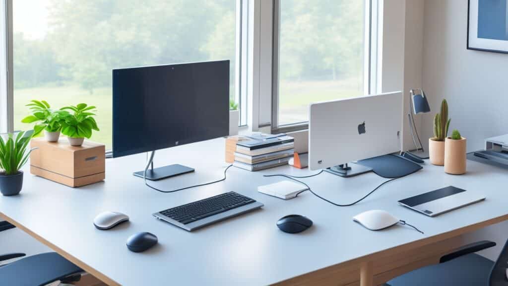 A sleek, modern office desk bathed in natural light featuring a minimalist Logitech keyboard, ergonomic mouse, and a high-resolution monitor, surrounded by subtle tech startup elements like notebooks and headphones, conveying productivity and innovation in a contemporary workspace.