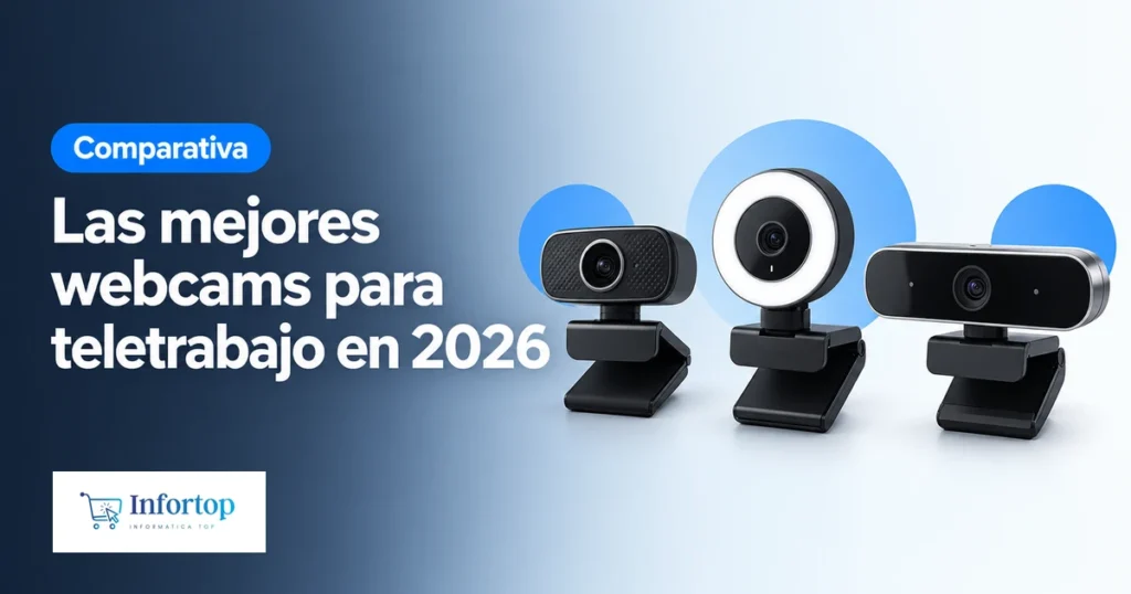 Tres webcams USB de distintos modelos, portada de la comparativa de las mejores webcams para teletrabajo