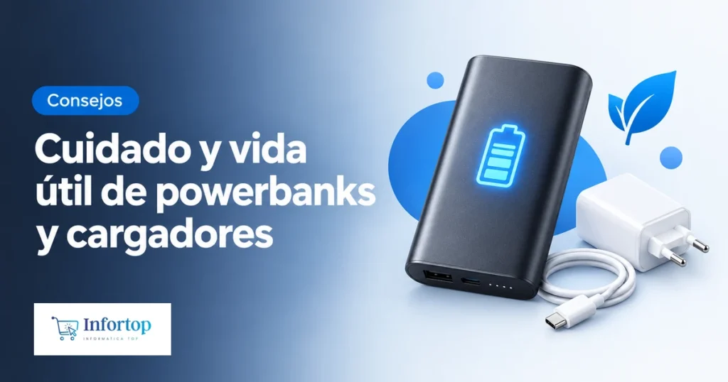 Powerbank con un icono de batería azul y un cargador, portada de la guía de cuidado y vida útil de powerbanks