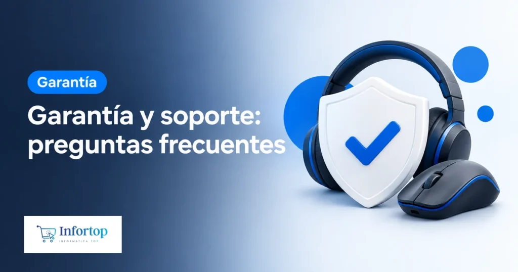 Escudo con un visto bueno junto a unos auriculares y un ratón, portada de las preguntas frecuentes sobre garantía y soporte