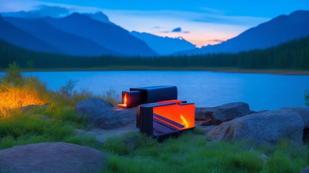 A rugged Sandberg powerbank resting on a weathered camping table beside a glowing campfire at dusk, with a forest and mountain backdrop under a dramatic sky, capturing durable outdoor technology seamlessly blending with nature for adventurous campers.