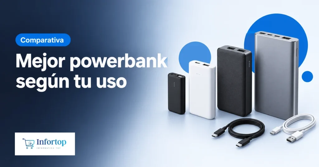 Cuatro powerbanks de distintos tamaños con cables, portada de la comparativa de la mejor powerbank según tu uso