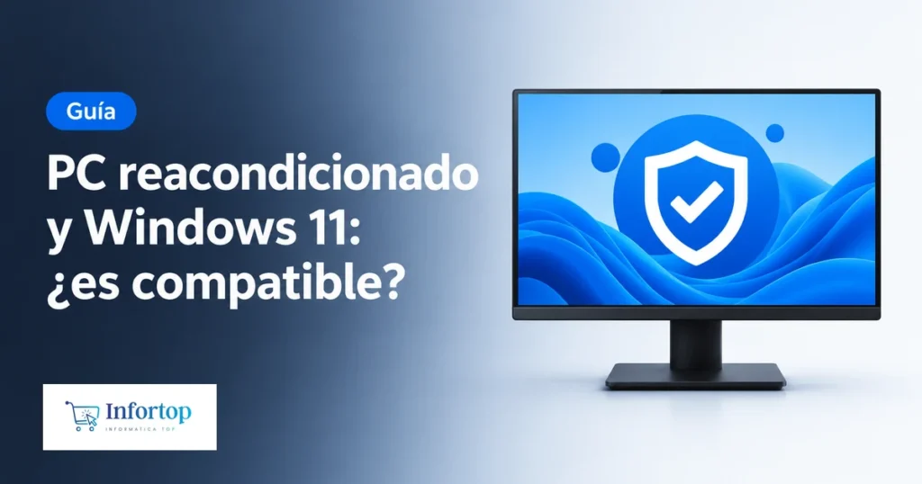 Monitor con un escudo y un símbolo de verificación que representa la compatibilidad de un PC reacondicionado con Windows 11