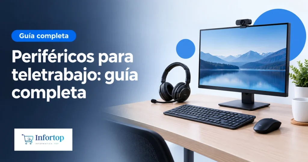 Escritorio de teletrabajo con monitor, webcam, auriculares, teclado y ratón, portada de la guía de periféricos de Infortop