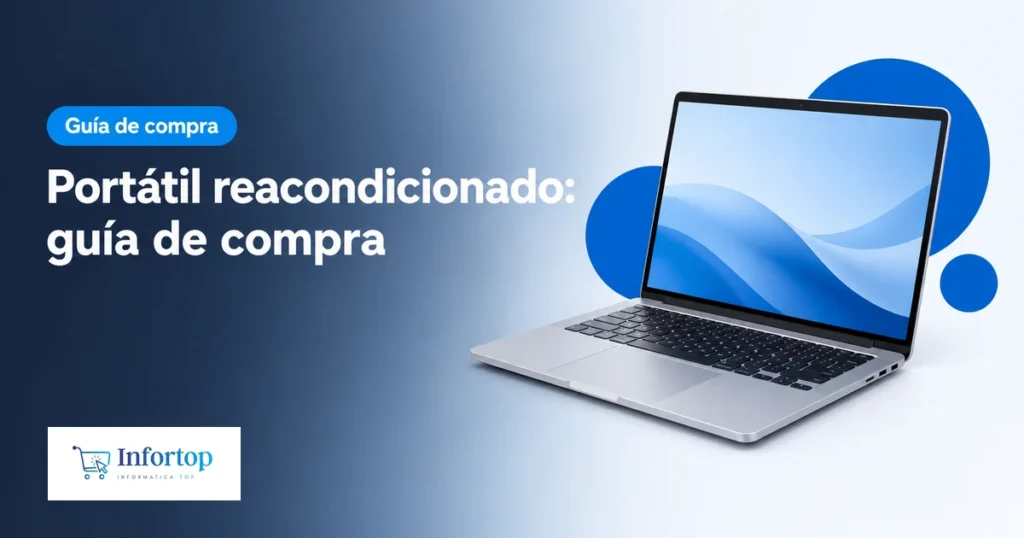 Portátil reacondicionado abierto sobre un fondo degradado azul, portada de la guía de compra de Infortop