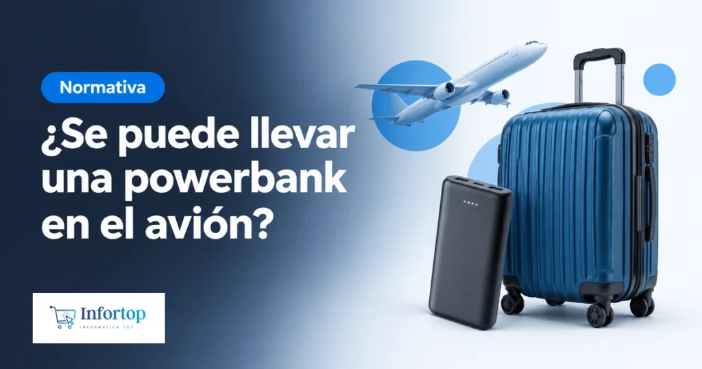 Powerbank junto a una maleta de cabina y un avión, portada de la guía de powerbanks en el avión