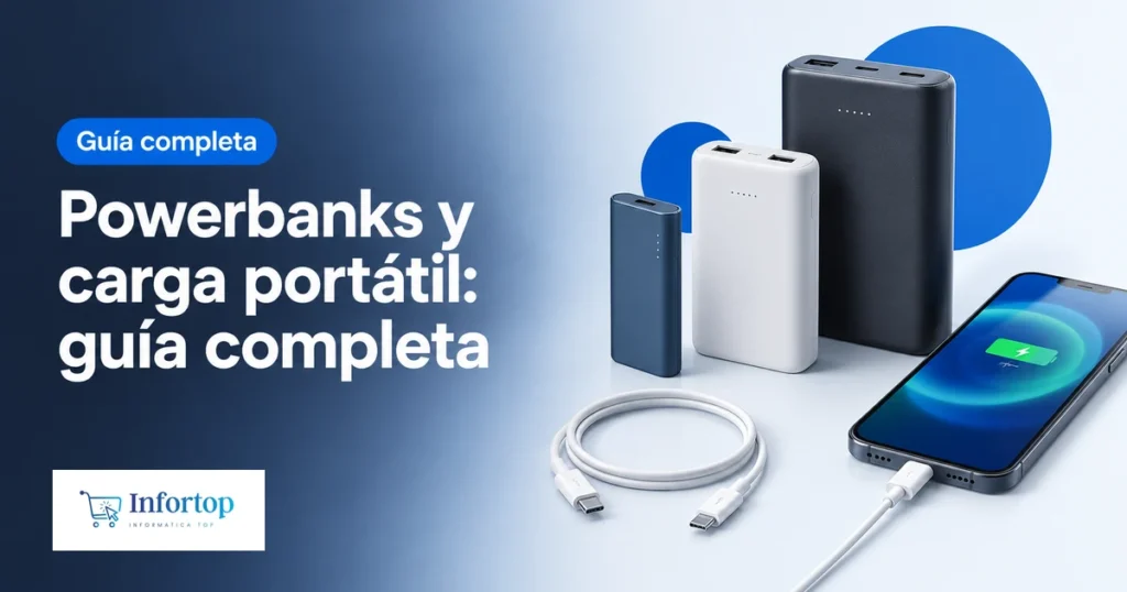Tres powerbanks de distintos tamaños con un cable USB-C y un móvil cargándose, portada de la guía de powerbanks y carga portátil