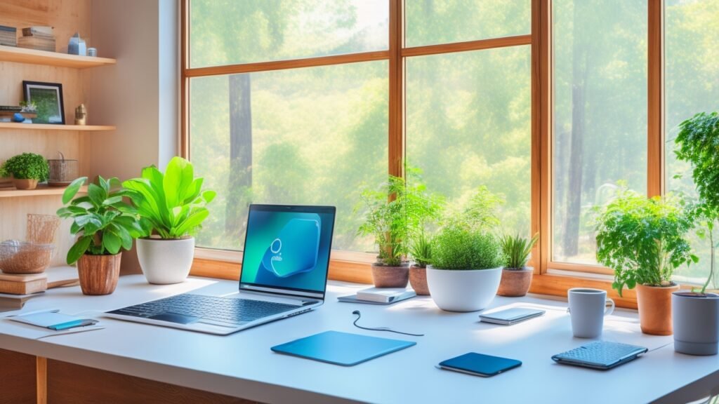 A sleek, modern workspace featuring a gently used but pristine laptop and smartphone side by side on a wooden desk, bathed in soft natural light filtering through a nearby window, with subtle hints of greenery in the background symbolizing sustainability and eco-conscious technology reuse.