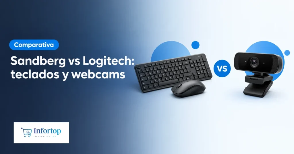 Teclado y ratón inalámbricos frente a una webcam con un círculo VS, portada de la comparativa Sandberg frente a Logitech