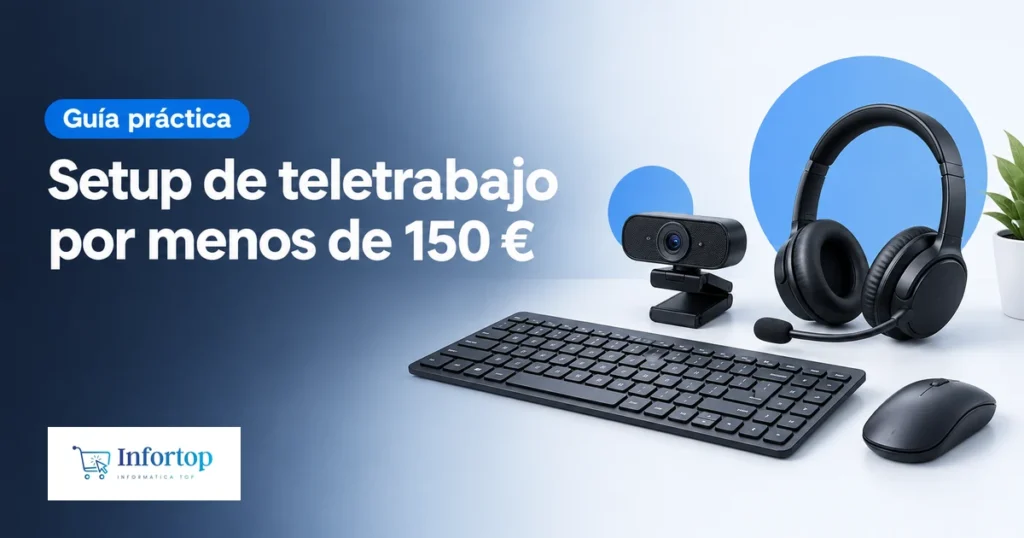 Webcam, auriculares, teclado y ratón sobre un escritorio, portada del setup de teletrabajo por menos de 150 euros