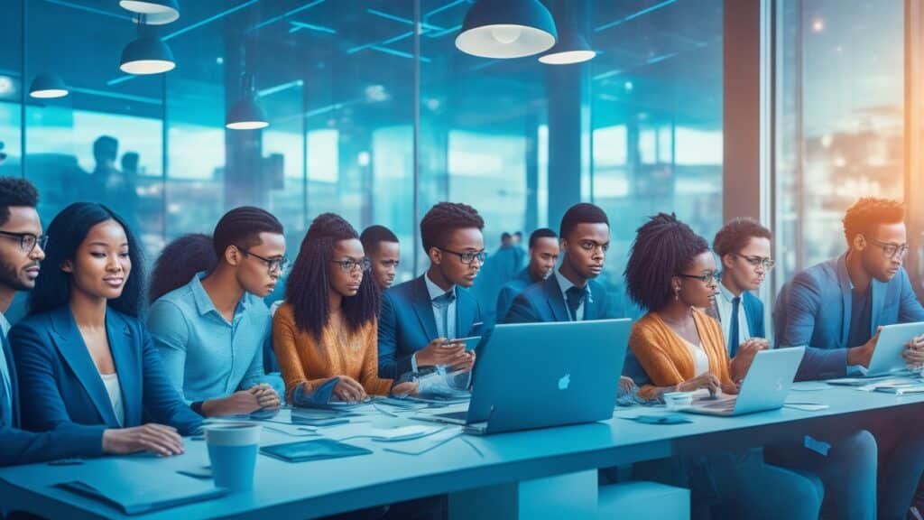 A diverse group of young entrepreneurs collaborating intensely in a modern, high-tech workspace illuminated by large windows and futuristic digital interfaces, capturing the dynamic energy of innovation, investment, and community driving technology startups in 2025.