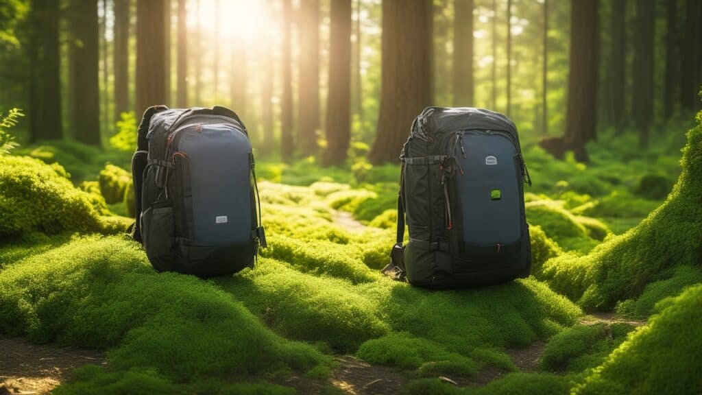 A cinematic, editorial-style shot of a rugged, high-tech outdoor backpack resting on a mossy forest floor, equipped with visible hydration system, compact LED headlamp, solar charger attached, and essential gear like a compact first aid kit and multi-tool subtly laid out nearby, bathed in natural morning light filtering through dense trees, evoking readiness and innovation for adventurous exploration.
